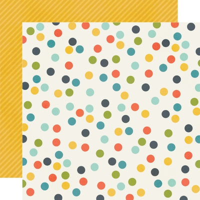 (Side A - polka dots in a rainbow of colors on a white background, Side B - diagonal yellow stripes on a dark yellow background)
