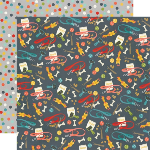 (Side A - dog toys and accessories all over on a navy background, Side B - polka dots in a rainbow of colors on a gray background)