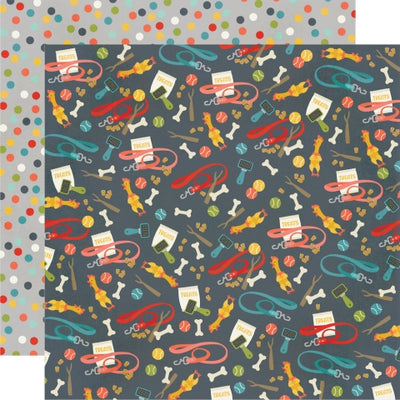 (Side A - dog toys and accessories all over on a navy background, Side B - polka dots in a rainbow of colors on a gray background)