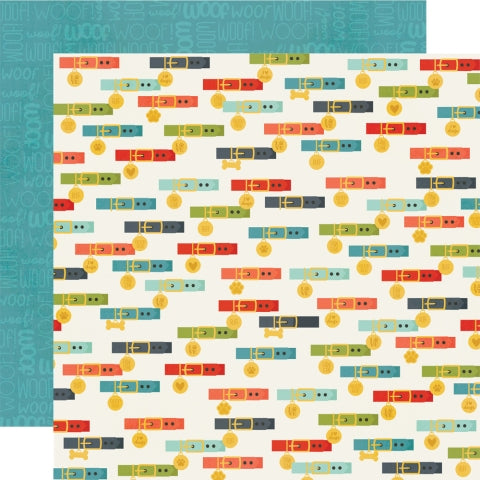 (Side A - dog collars in various colors on a white background, Side B - the word "woof" all over on a teal background)