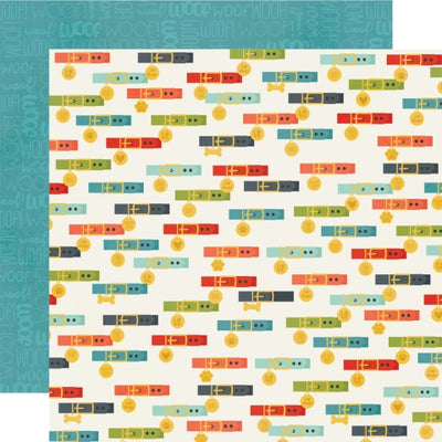 (Side A - dog collars in various colors on a white background, Side B - the word "woof" all over on a teal background)
