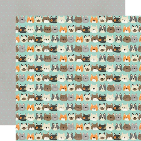 (Side A - rows of adorable little kitty heads on a mint green background, Side B - mint polka dots on a gray background)