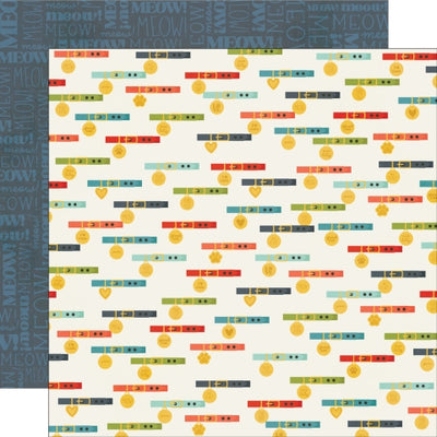 (Side A - cat collars in a rainbow of colors on a white background, Side B - the word "meow" all over on a navy background)