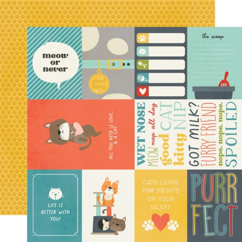 (Side A - journaling cards with phrases and images, Side B - mustard yellow cat paws on a yellow background)