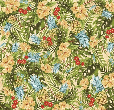 Multi-Colored  - colorful tropical leaves and flowers cream background.