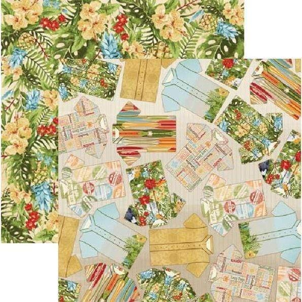Multi-Colored (Side A - colorful tropical button-up shirts on tan weave background, Side B - colorful tropical leaves and flowers cream background)