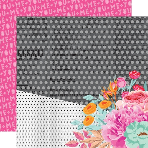(Side A - half the page with gray polka dots on a black background, the other half black polka dots on a white background with a cluster of flowers in the bottom right corner, Side B - bold pink background with rows of the words you + me in light pink)