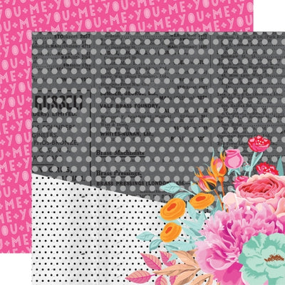 (Side A - half the page with gray polka dots on a black background, the other half black polka dots on a white background with a cluster of flowers in the bottom right corner, Side B - bold pink background with rows of the words you + me in light pink)