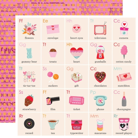 (Side A - light pink squares with alphabet letters and matching pictures to look like flashcards, Side B - orange polka dots all over on a hot pink  background that look like a page out of an old phone book)