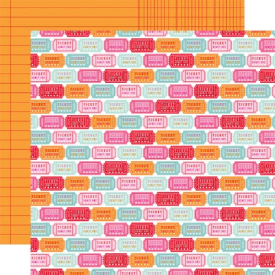 (Side A - strips of tickets in pinks, blues, red, and orange, Side B - ledger paper on an orange background)