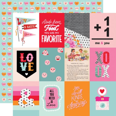 (Side A - valentine journal elements with images and sayings, Side B - conversation hearts on a light blue background)