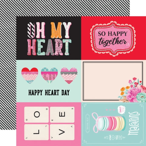 (Side A - valentine journal elements with images and sayings, Side B - black and white diagonal stripes)