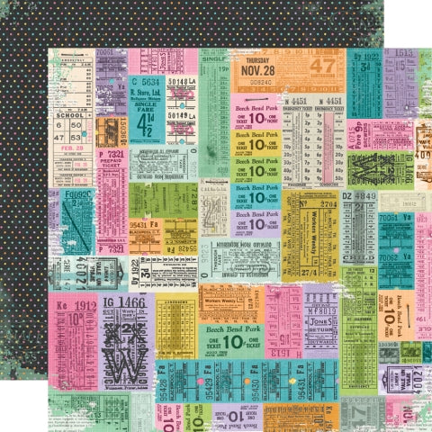 (Side A - colorful vintage tickets, Side B - pastel little polka dots on a black background)