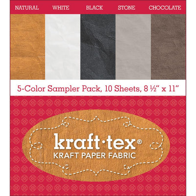 Natural, Black, White, Chocolate, and Stone; two sheets of each color in one pack!  So many ways to play with Kraft-tex sew it, stamp it, paint it, emboss it, draw or inkjet print on it! The 8.5X11 inch sheets are sized to fit in standard printers and die-cut machines. 
