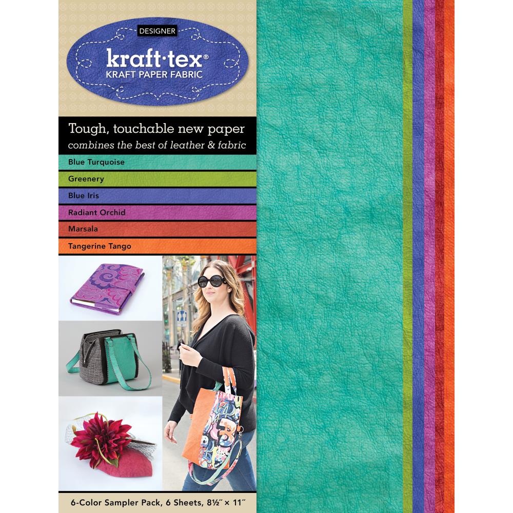 Greenery, Blue Iris, Radiant Orchid, Marsala, Tangerine Tango, and Blue Turquoise; one sheet of each color in one pack! Designer colors are pre-washed so it is easy to start stitching with amazingly supple kraft-tex. There are so many ways to play with kraft-tex.