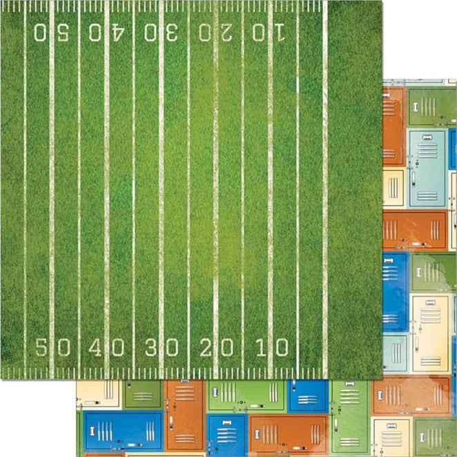 1st Down - 12x12 patterned cardstock with grassy football field on one side and colorful high school lockers on reverse - BoBunny