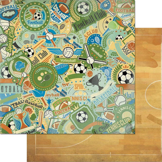 12x12 double-sided patterned paper with sports trophies on one side and the floor of a basketball court on reverse - BoBunny