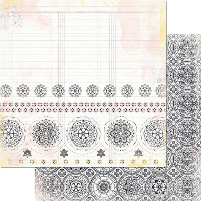 12x12 double-sided patterned paper with detailed, line-drawn floral mosaic patter in black and white - BoBunny