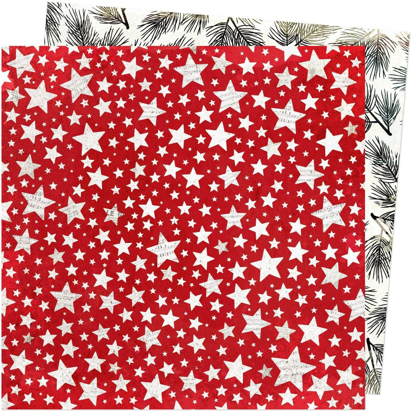 (Side A - white stars in various sizes on a red distressed background, Side B - black pine bough etchings on a white background)