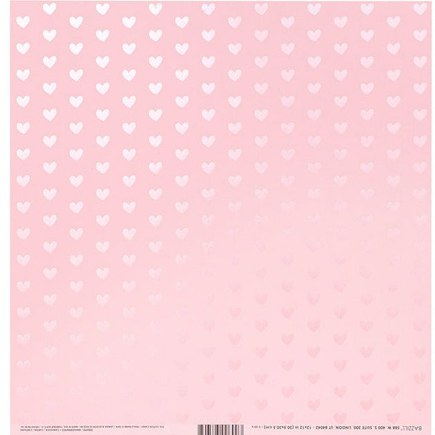 Pink foil hearts on pink 100 lb, smooth cardstock, premium, heavyweight paper from the Bazzill Trends line, acid-free and archival quality.