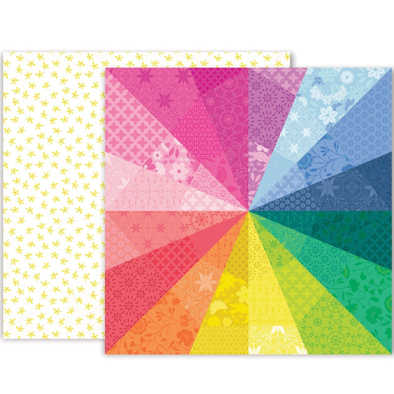 12x12 double-sided, patterned cardstock with colorful rainbow design on front and lime-green flowers on ivory background reverse - Pink Paislee