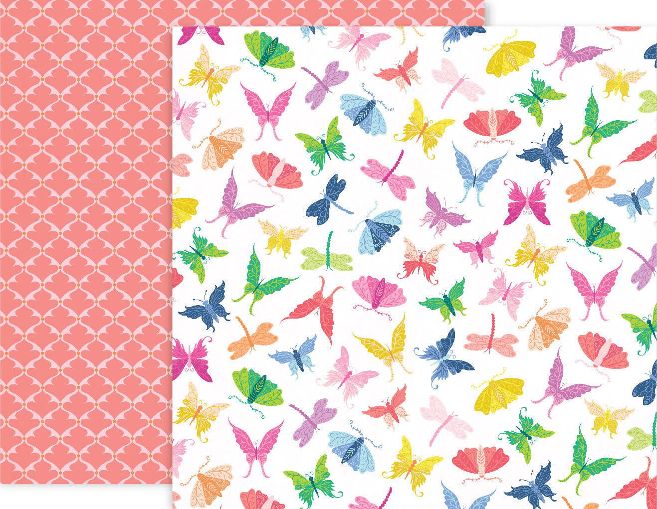 12x12 double-sided patterned paper with colorful butterflies and dragonflies one side and pink quatrefoil design on reverse - Pink Paislee