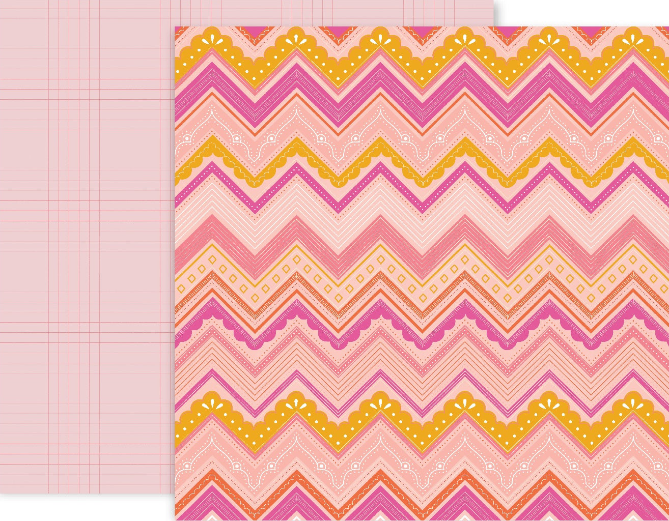Truly Grateful Paper 6 - Pink Paislee double-sided patterned paper with fancy pink chevron pattern and graph reverse