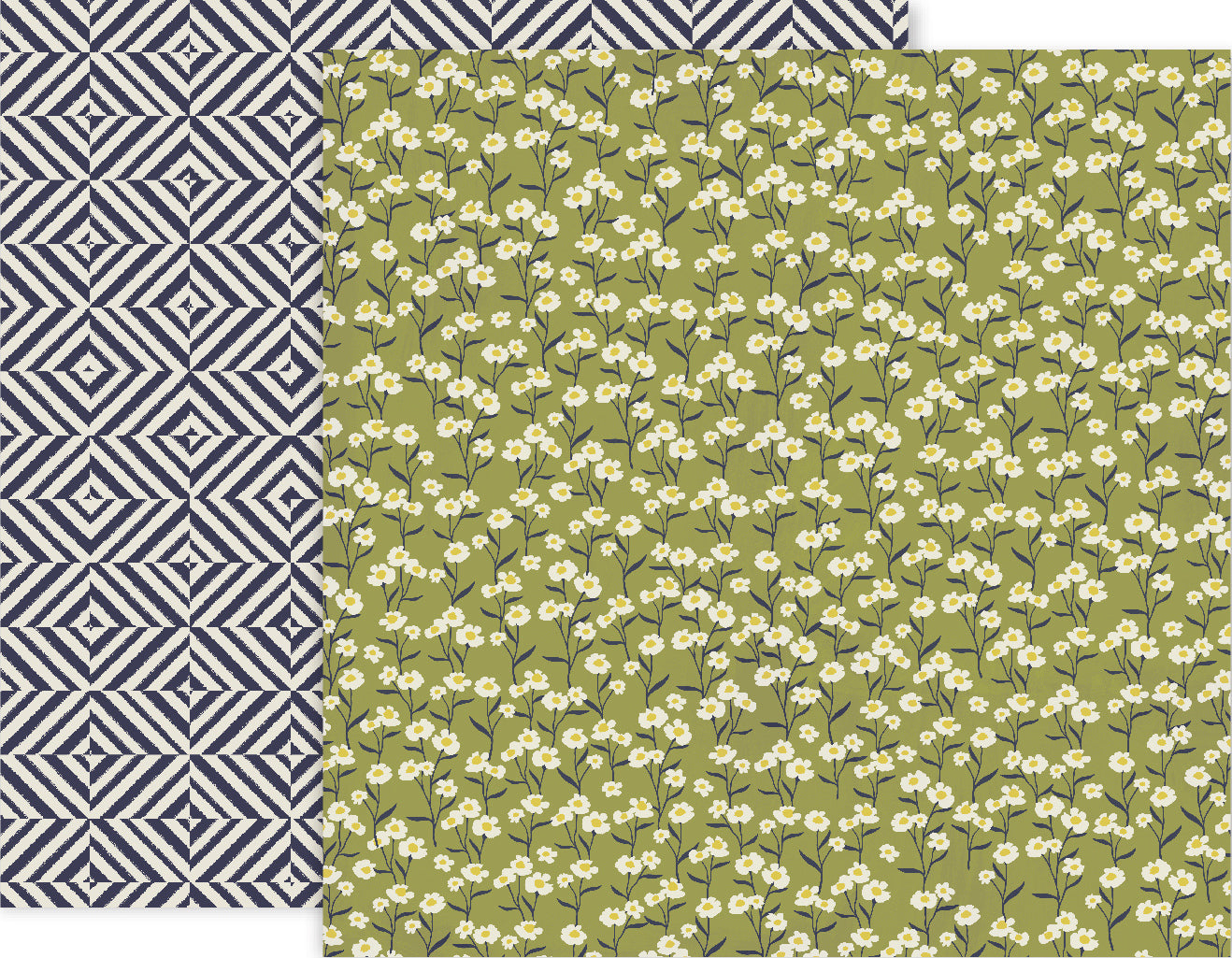 12x12 double-sided patterned paper with white flowers on green background and crazy black and white geometric design on reverse - Pink Paislee