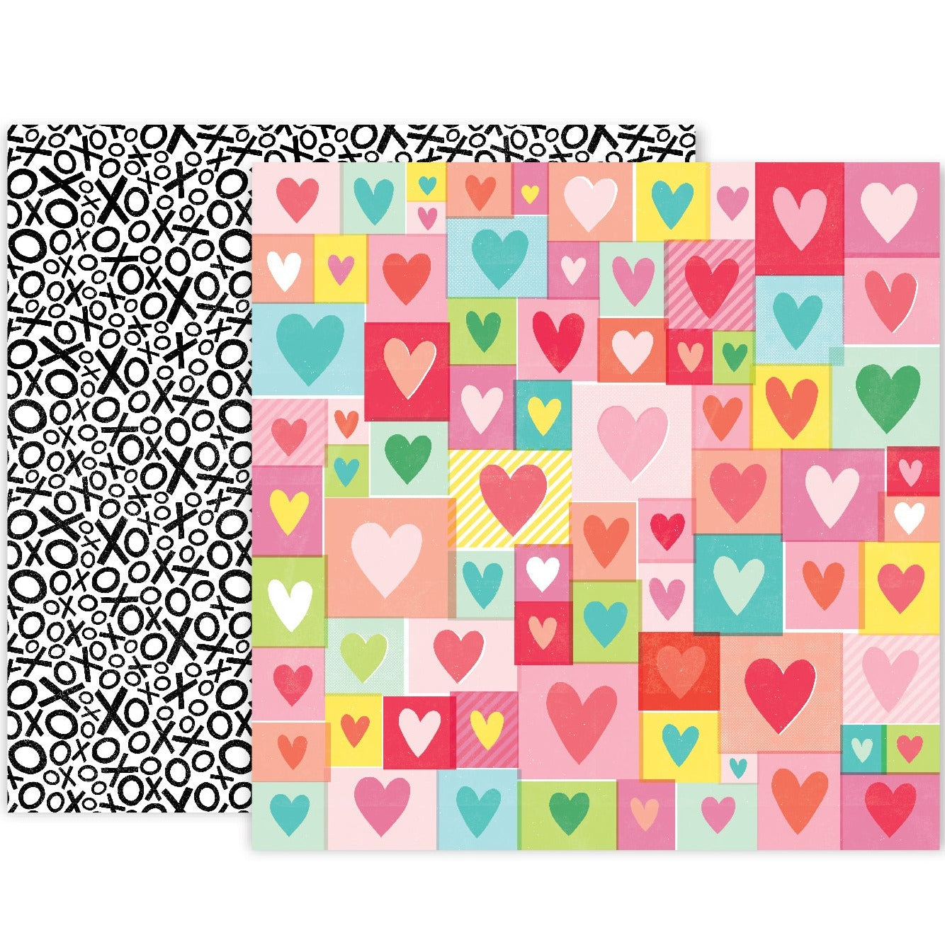 Multi-Colored (Side A - playful valentine blocks with heart centers in lovely reds and pinks with vibrant pops of other rainbow colors on a white background, Side B - bold black X's and O's scattered all over a white background)