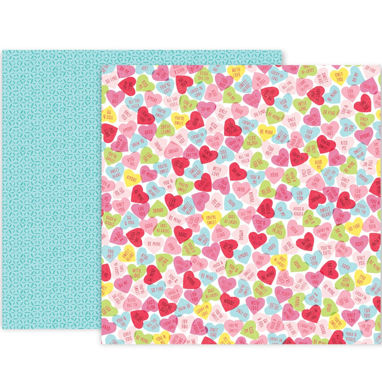 Multi-Colored (Side A - playful valentine conversation hearts in lovely reds and pinks with vibrant pops of other rainbow colors on a white background, Side B - turquoise pattern on a teal blue background)