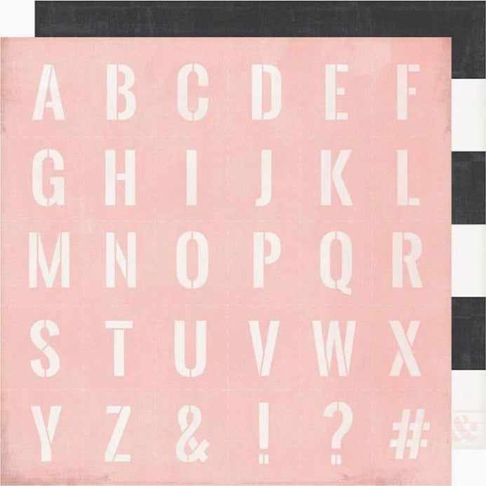Classic - 12x12 double-sided patterned paper with alphabet block letters on pink background with broad black and white stripes reverse - Heidi Swapp