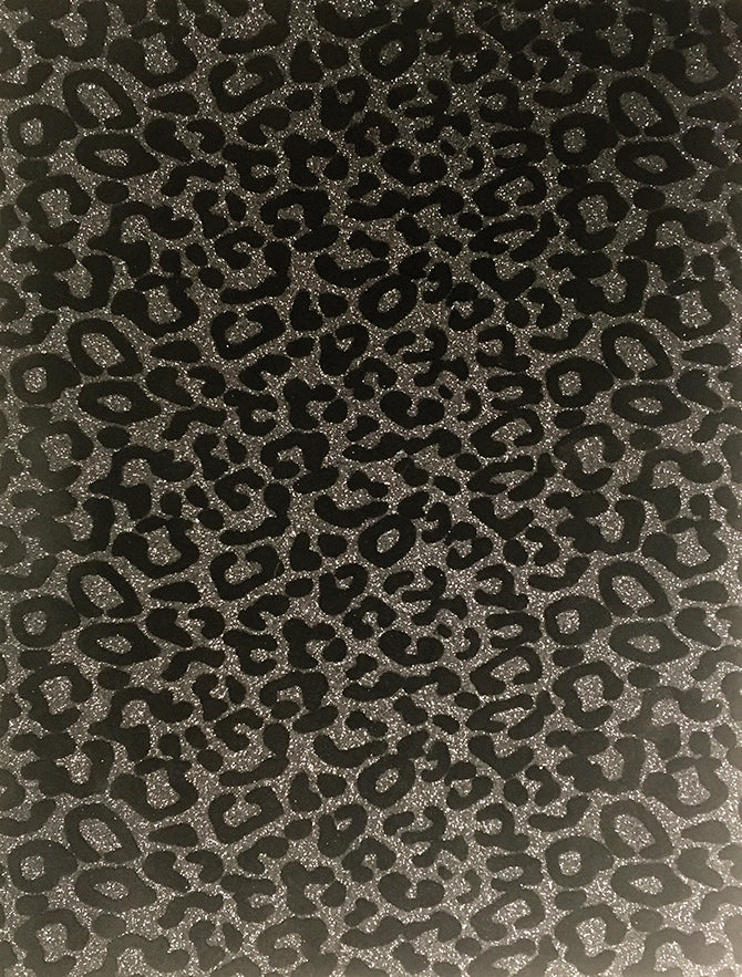 Color - BLACK on BLACK Beautiful flocked cheetah pattern - a unique, premium glitter paper