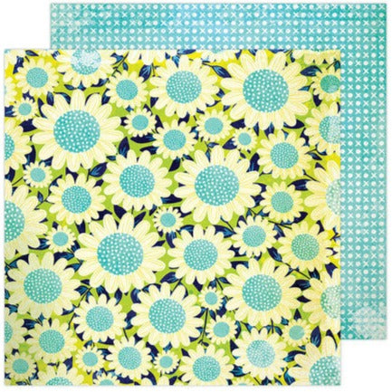 (Side A - sunflowers with blue centers on a lime green background, Side B - X & O's pattern on an aqua blue background)