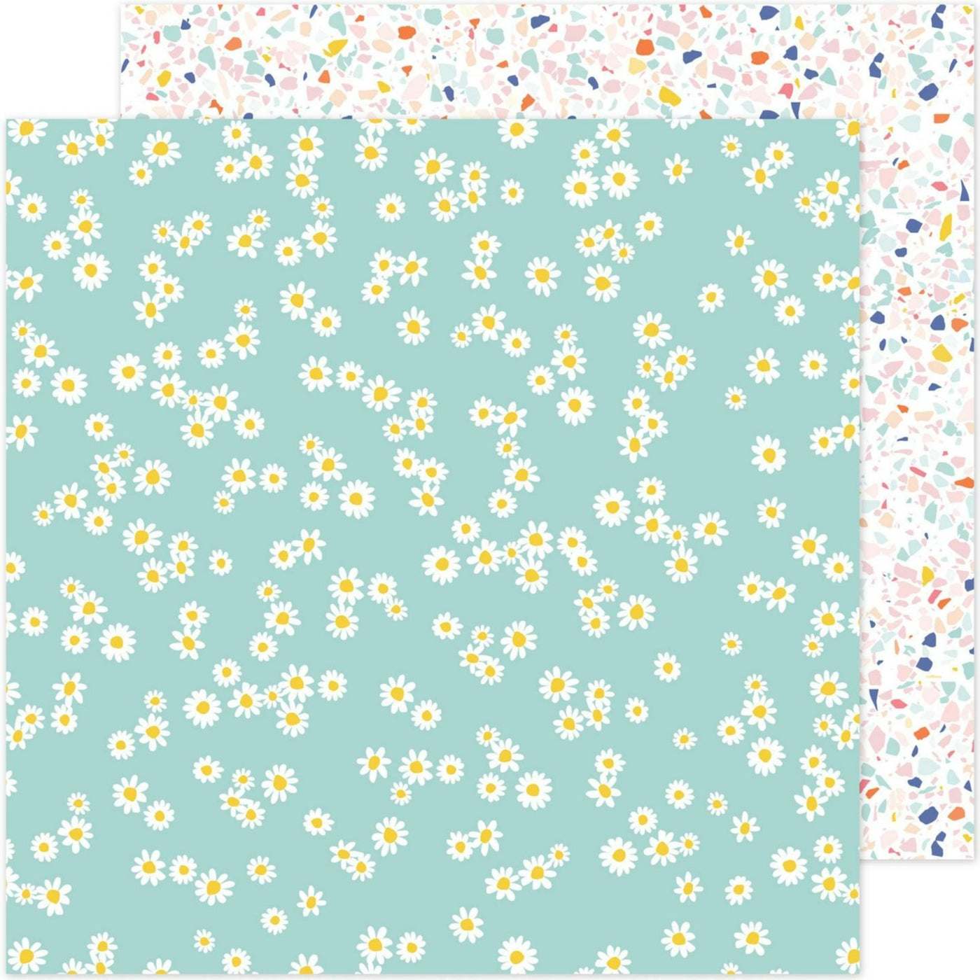 (Side A - white daisies with yellow centers on a mint green background, Side B - white background with flecks of pastel colors)