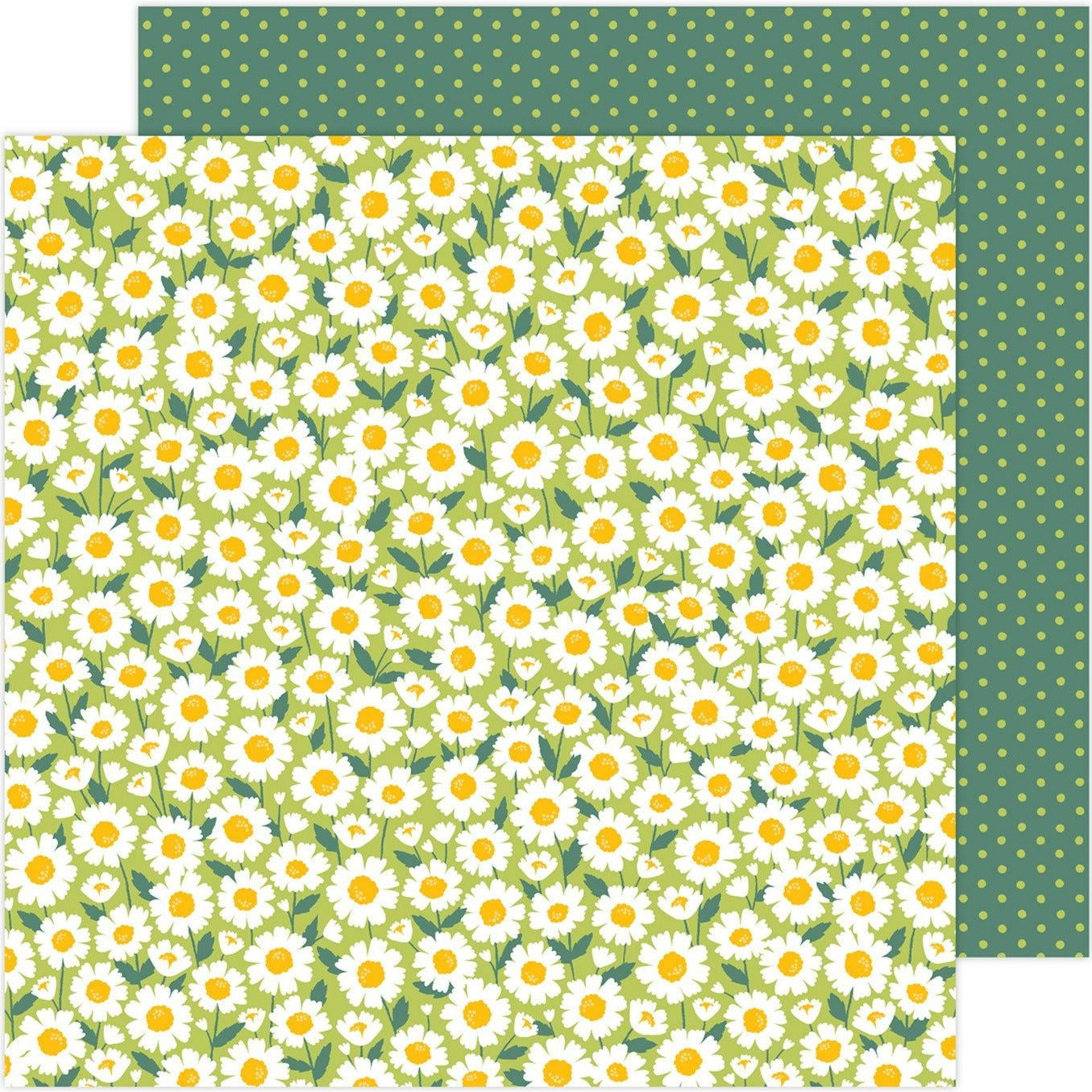 (Side A - white flowers, dark green leaves, and stems on a moss green background, Side B - lime green polka-dots on a forest green background)