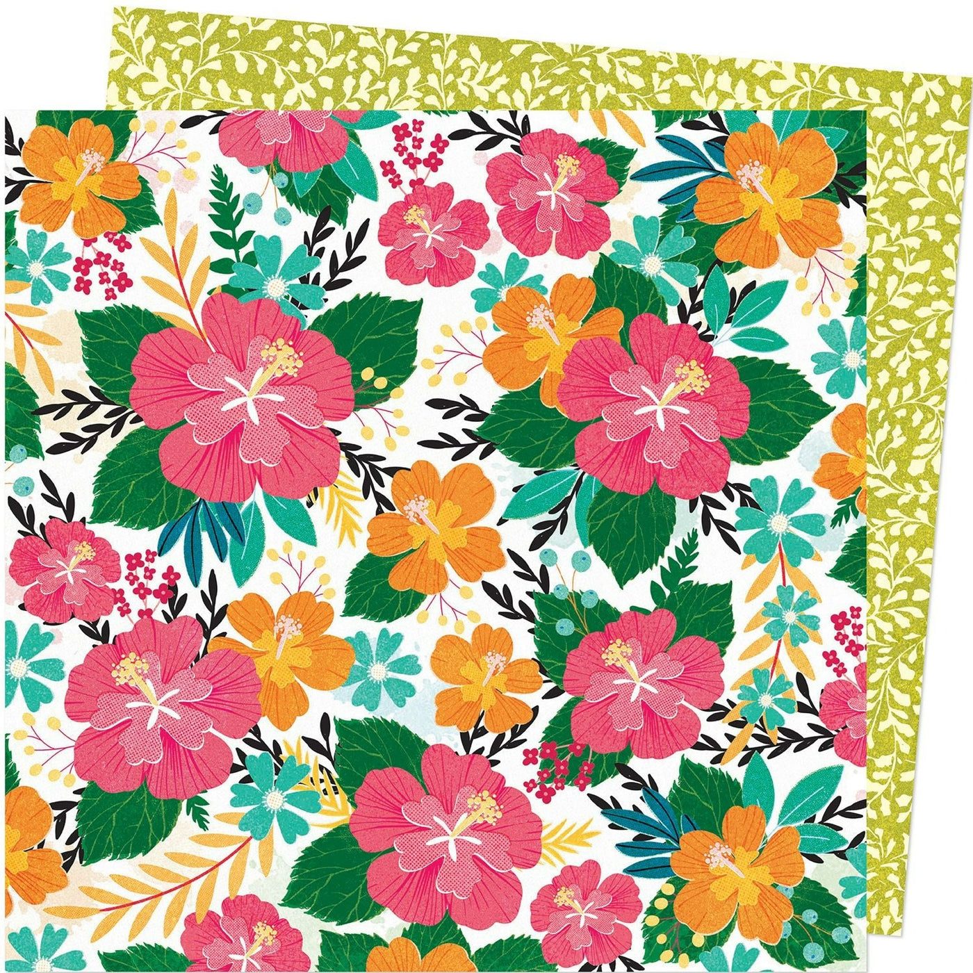 (Side A - beautiful hibiscus and other tropical flowers in pinks, oranges, and  turquoise blue on a white background, Side B - cream-colored vines on an olive green background)