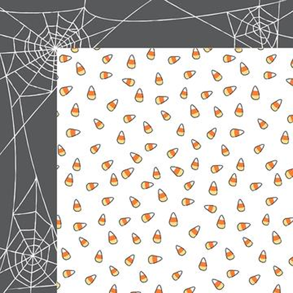 12x12 double-sided Halloween cardstock with candy corns on one side and spiderwebs on the reverse