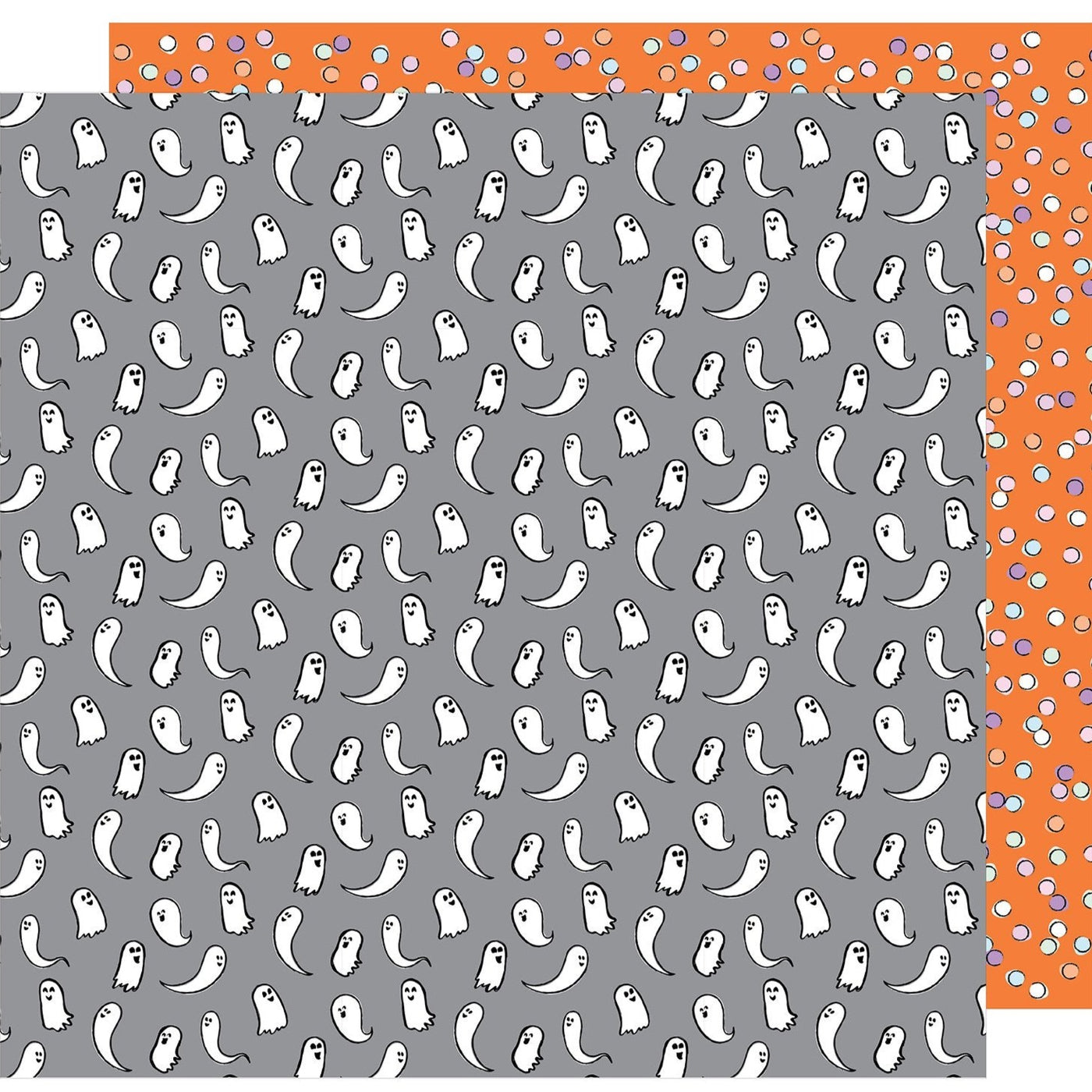 12x12 patterned paper with happy white ghosts on gray background - American Crafts