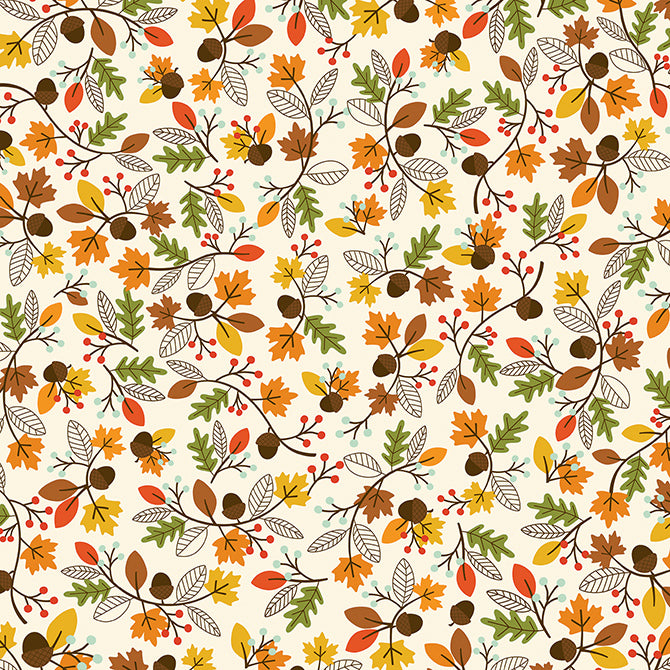 Leaves - 12x12 patterned paper with fall-colored leaves and acorns on off-white background - Pebbles