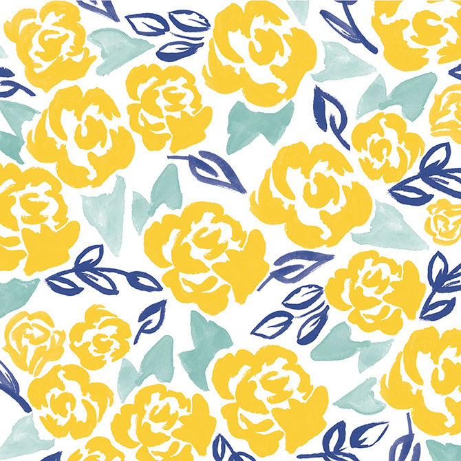 Multi-Colored (large yellow roses with green and blue leaves on white background) Single-sided sheet, white reverse