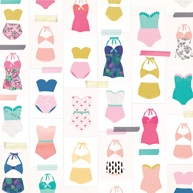 Sunny Day 12x12 single-side paper features lots of colorful, women's bathing suits - Crate Paper