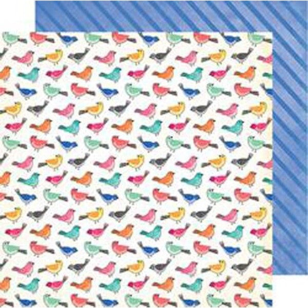 Birds Of A Feather 12x12 double-sided patterned paper has colorful birds on one side and diagonal blue stripes on the reverse - Vicki Boutin