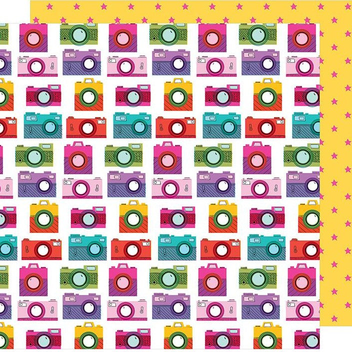 Multi-Colored (Side A - rows of bright-colored cameras on a white background, Side B - small fuschia stars on golden yellow background) Designed by Shimelle. Double-sided paper printed on both sides. Smooth surface. Acid & lignin free. From Glitter Girl collection