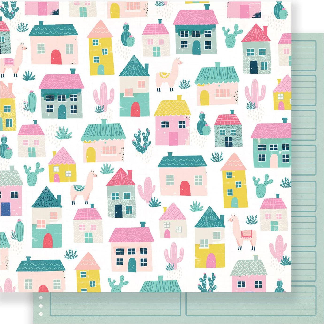 Perfection - 12x12 double-sided patterned paper with colorful houses on one side and green ledger paper on reverse - Crate Paper