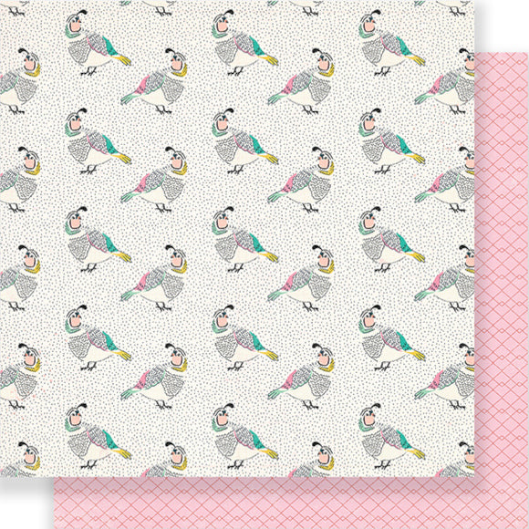 Songbird - 12x12 double-sided patterned paper with colorful quail on one side and pink lattice on reverse - Crate Paper 