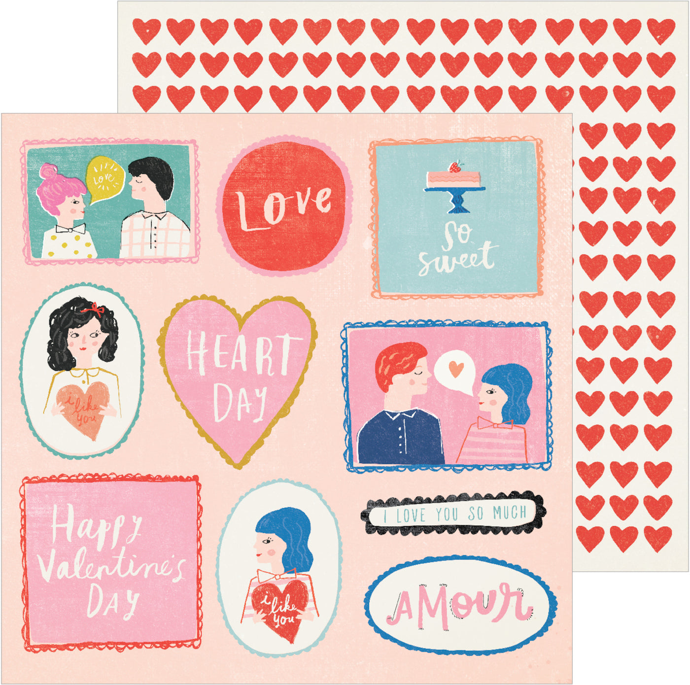 12x12 double-sided patterned cardstock with love messages on one side and rows of red hearts on the reverse - Crate Paper