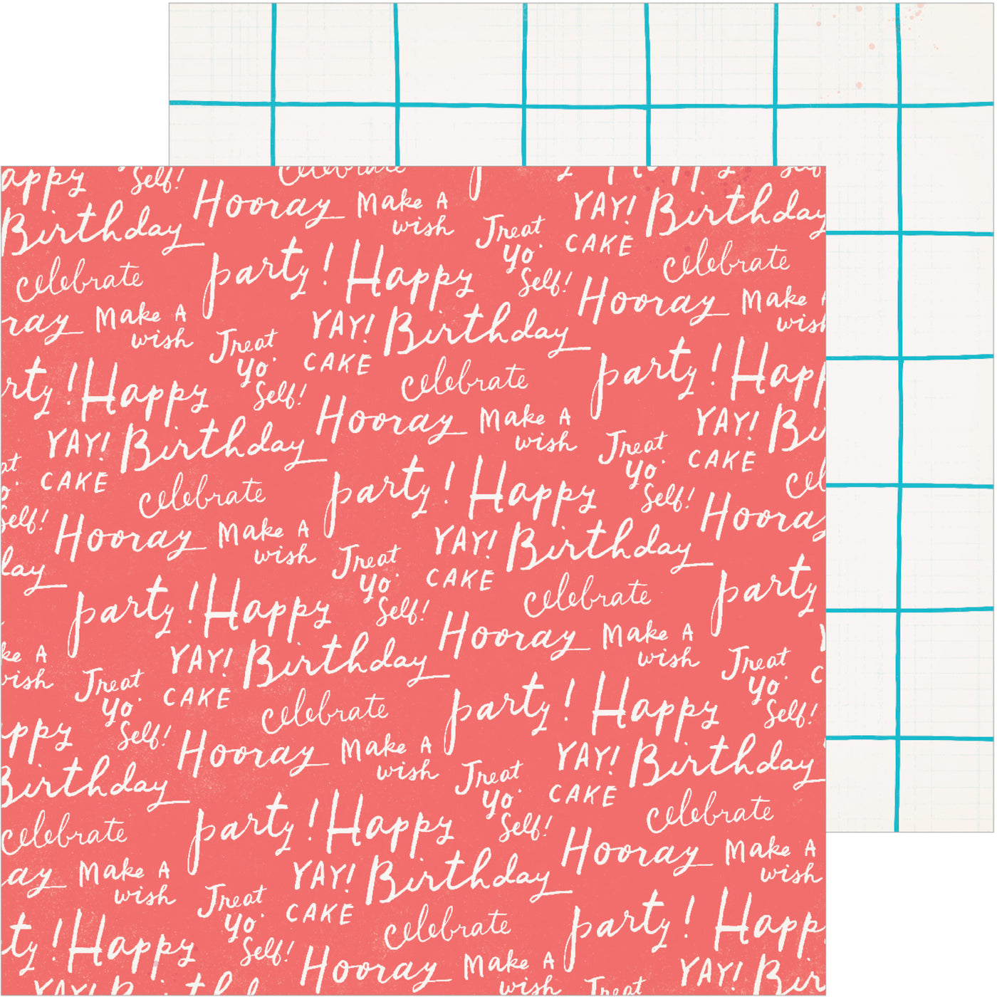 12x12 double-sided patterned paper with birthday wishes on one side and white squares with teal lines on reverse - Crate Paper