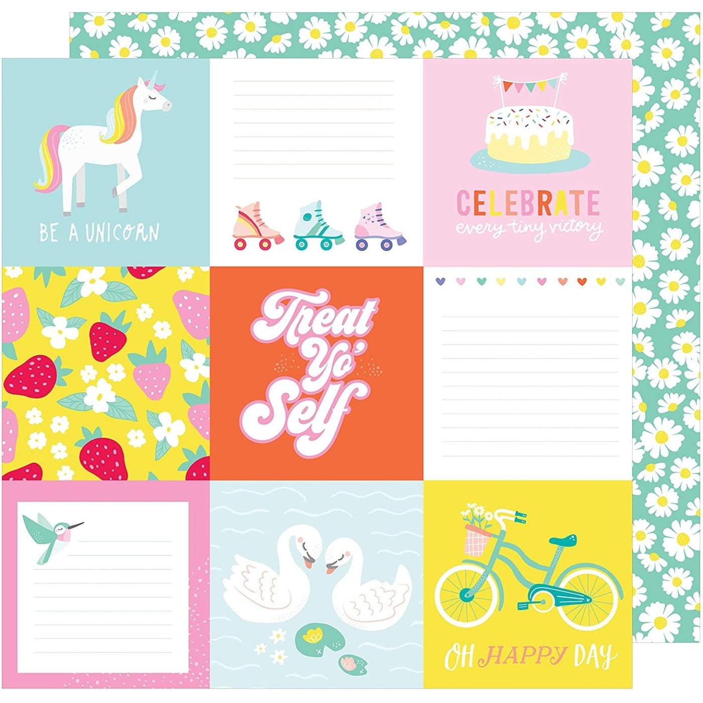 Multi-Colored (positive vibes journaling cards in pastel colors and small white daisies with yellow centers on mint green background) Double-sided sheet. From Stay Colorful Collection. Smooth surface. Printed on two sides. Acid & lignin free