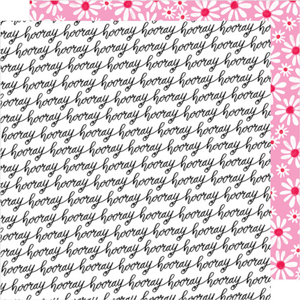 Let's Boogie - 12x12 double-sided patterned paper with the word 'hooray' on one side and white and white daisies on reverse - Dear Lizzy