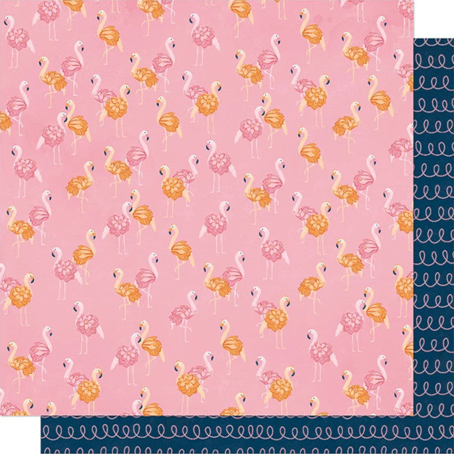 Let's Flamingle - 12x12 double-sided patterned paper with flamingos on pink background and pink doodle lines on dark blue reverse - Dear Lizzy